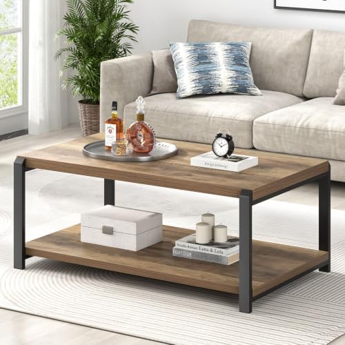 EXCEFUR Modern Coffee Table, Industrial Wood and Metal Center Table, Cocktail Tea Tables for Living Room, Rustic Brown — Rustic Oak (2)