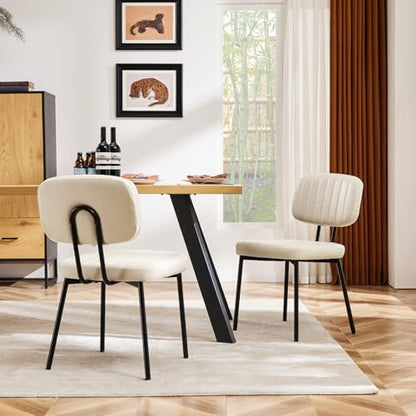 Sweetcrispy Dining Chairs Set of 2, Upholstered Mid Century Modern Kitchen Accent Chairs with Faux Leather Cushion Seat & Metal Legs for Home Office, Living Room-Beige White