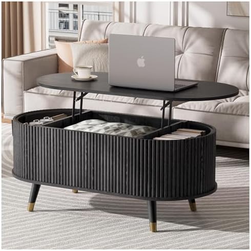 JOINICE 31.5" Round Coffee Table with Storage for Living Room, Walnut | Hidden Storage,Fluted Sliding Door,Mid Century Furniture for Small Apartments,Solid Wood Legs,Easy Assembly,Up to 110 lbs — Black_oval (2)