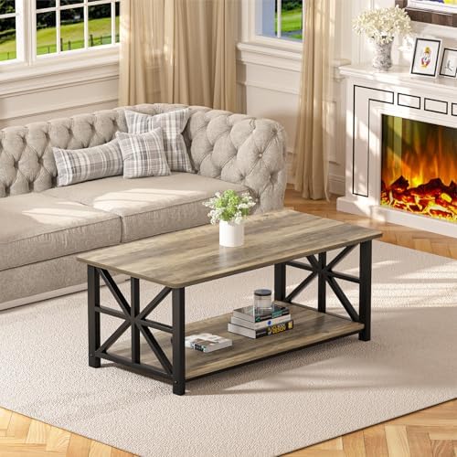 GreenForest Round Corners Coffee Table for Living Room | Rustic Style Center Table with Storage Shelf,39 Inch Space Saving Sofa Table,Easy Assembly,Gray Wash