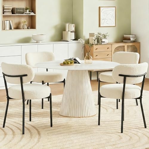 DUMOS Dining Chairs Set of 2, Mid Century Modern Chair Round Upholstered Curved Backrest, Kitchen Vanity Living Room Chairs with Black Metal Legs，Ivory White — Modern Beige / Set of 2 (2)