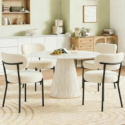 DUMOS Dining Chairs Set of 2, Mid Century Modern Chair Round Upholstered Curved Backrest, Kitchen Vanity Living Room Chairs with Black Metal Legs，Ivory White — Modern Beige / Set of 2 (2)