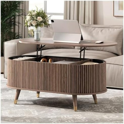 JOINICE 31.5" Round Coffee Table with Storage for Living Room, Walnut | Hidden Storage,Fluted Sliding Door,Mid Century Furniture for Small Apartments,Solid Wood Legs,Easy Assembly,Up to 110 lbs — Walnut_oval (2)