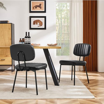 Sweetcrispy Dining Chairs Set of 2, Upholstered Mid Century Modern Kitchen Accent Chairs with Faux Leather Cushion Seat & Metal Legs for Home Office, Living Room-Beige White — Black / Set of 2 (2)
