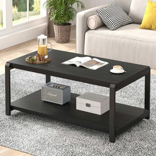 EXCEFUR Modern Coffee Table, Industrial Wood and Metal Center Table, Cocktail Tea Tables for Living Room, Rustic Brown — Black (2)