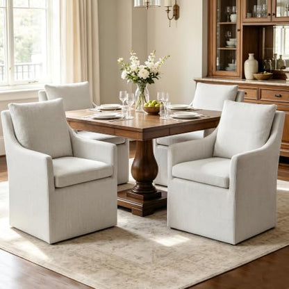 DUHOME Upholstered Dining Chair Set of 2 360 Swivel Linen Accent Armchair | Pre-Assembled Modern Rolling Armchair with Silent Casters, Beige Linen Accent Chair for Dining Room Living Room Bedroom
