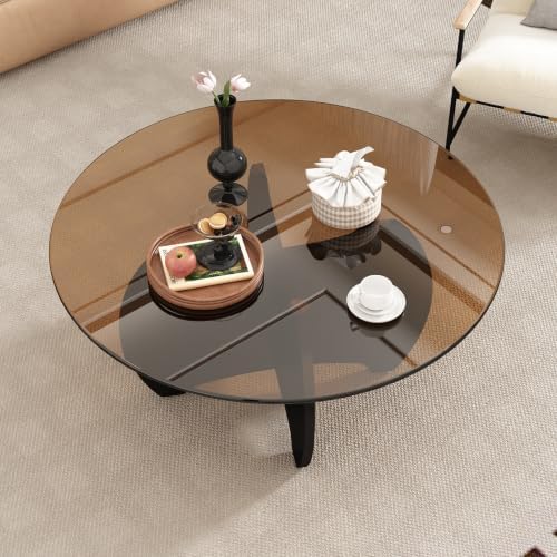 31.5'' Round Coffee Table with Tempered Glass Top, Modern Center Table for Small Spaces - Sturdy Black Board Frame, Simple Design for Living Room, Home, Office - Easy Assembly.
