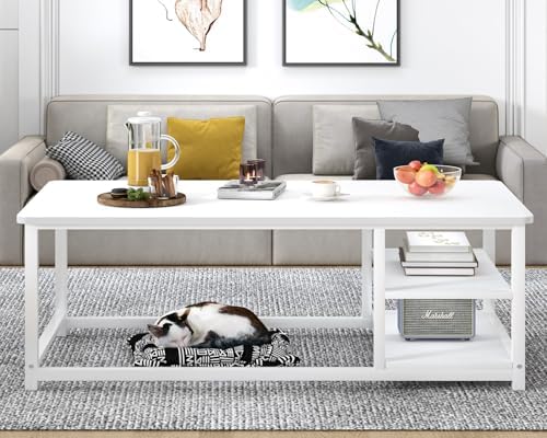 EXCEFUR Modern Coffee Table, Rustic Wood and Metal Living Room Table with Storage Shelf, Industrial Brown, 47 Inch — White Oak (2)