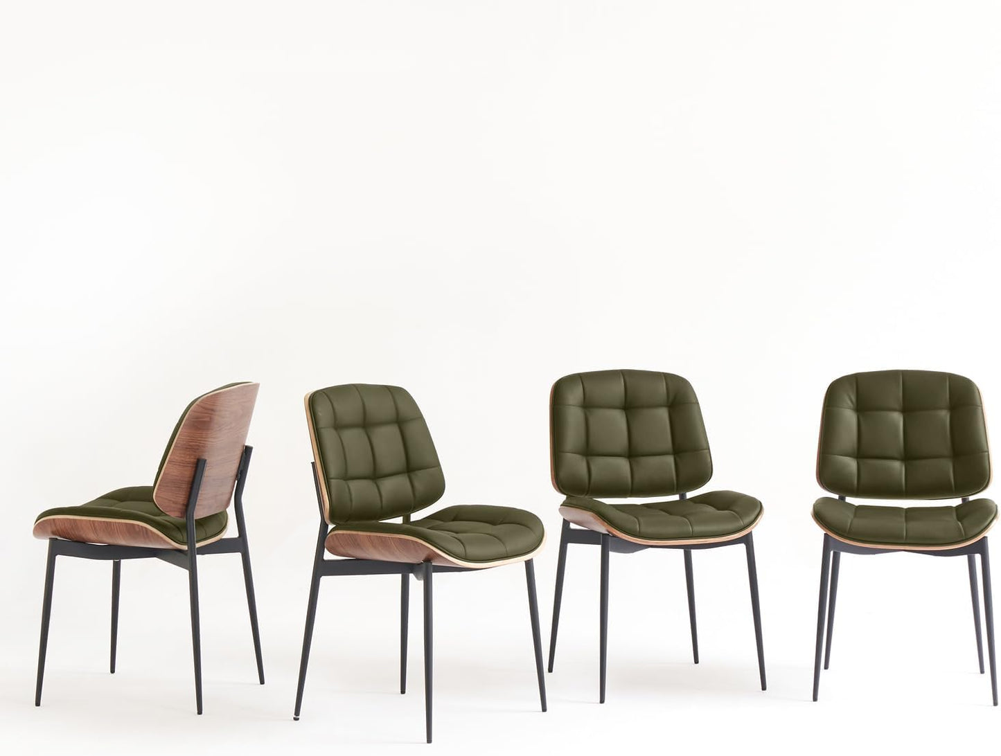 GrandNoor Mid Century Modern Dining Chairs with Walnut Grain Back, Brown Faux Leather Dining Room Chairs Set of 2, Checkered Soft Cushion Kitchen Chairs with Adjustable Foot Pads — A-green / Set of 4