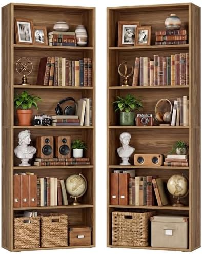 IRONCK Bookshelf and Bookcases 70" Tall, 6 Tiers Display Storage Shelves | Bookshelves Set of 2, Wood Bookcase with Open Display Shelves for Home Office, Living Room, Library, Industrial Brown — Oak Brown (2)