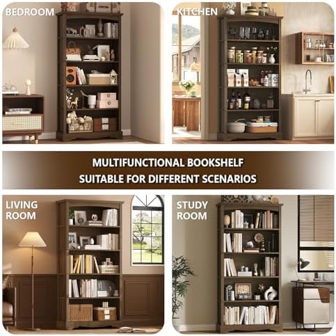 TVU 5-Tier Wooden Bookshelf, 31.5" W x 65" H ×9.9" D Bookshelf with Storage, Floor Standing Modern Style Display Bookcase for Living Room, Office, Study Room, Entryway, Brown