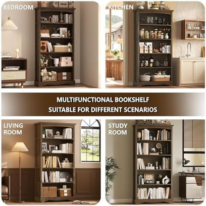 TVU 5-Tier Wooden Bookshelf, 31.5" W x 65" H ×9.9" D Bookshelf with Storage, Floor Standing Modern Style Display Bookcase for Living Room, Office, Study Room, Entryway, Brown