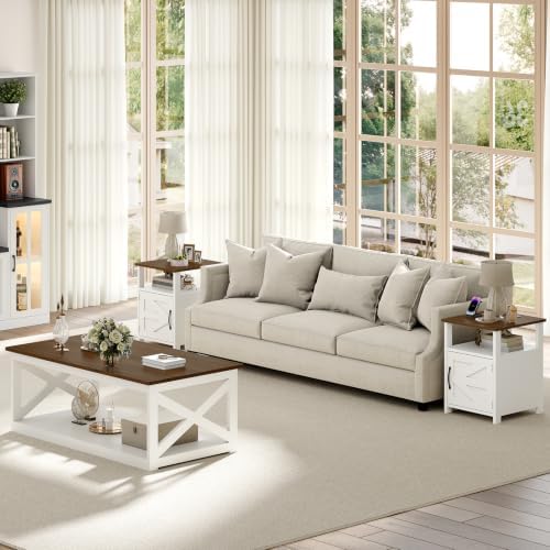 3 Pieces Farmhouse Coffee Table and End Table Sets with AC | 2 Side Tables with USB Ports for Living Room, Office, Apartment, White and Walnut