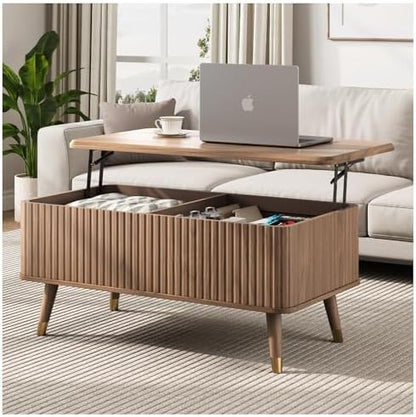 JOINICE 31.5" Round Coffee Table with Storage for Living Room, Walnut | Hidden Storage,Fluted Sliding Door,Mid Century Furniture for Small Apartments,Solid Wood Legs,Easy Assembly,Up to 110 lbs — Walnut_rectangle (2)