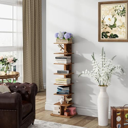TUTOTAK Book Shelf, Narrow Spine Bookshelf, 8-Tier Bookcase for Small Space | 10.4 x 13.4 x 47.5 Inches Vertical Freestanding Corner Shelf for Living Room, Office, Study, Entryway, Brown BS06BB008