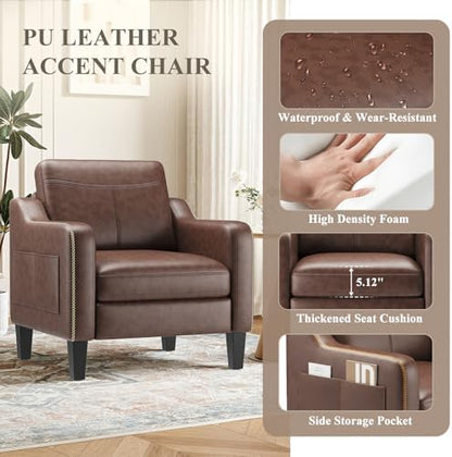 MALOL PU Leather Accent Chair, Mid-Century Modern Living Room Armchair Sofa with Removable Cushions, Solid Wood Frame & Stitched Armrest Design, Bedroom Chair with Plastic Legs, Chocolate Brown