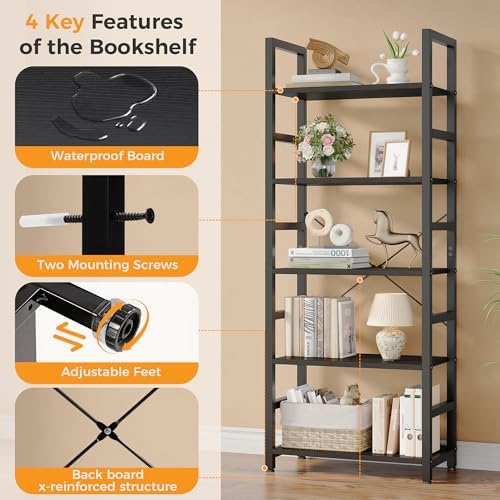 DUMOS 5-Tier Bookshelf, Modern Tall Bookcase Book Shelf | Open Storage Display Shelf for Living Room, Bedroom, Home Office, Narrow Standing Shelving Unit for Books, CDs, Décor Black