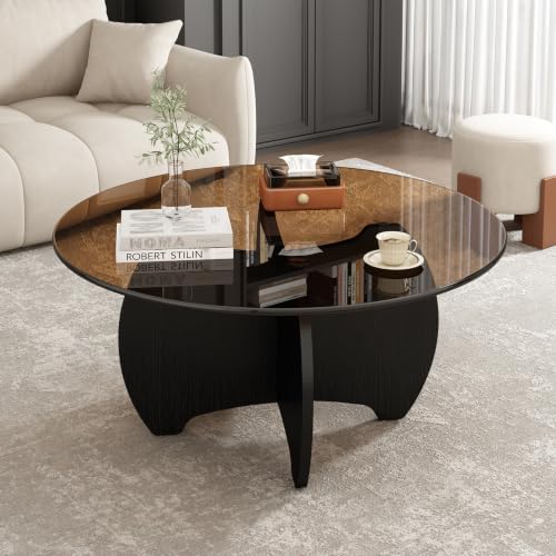 31.5'' Round Coffee Table with Tempered Glass Top, Modern Center Table for Small Spaces - Sturdy Black Board Frame, Simple Design for Living Room, Home, Office - Easy Assembly. — Black (8)