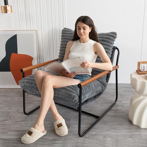 MAXYOYO Accent Chair, Sherpa Arm Chair for Living Room, Mid Century Modern Accent Chairs, Boucle Reading Bedroom Chair, Teddy Armchair, Wooden Arms Metal Frame