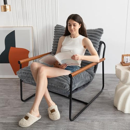 MAXYOYO Accent Chair, Sherpa Arm Chair for Living Room, Mid Century Modern Accent Chairs, Boucle Reading Bedroom Chair, Teddy Armchair, Wooden Arms Metal Frame