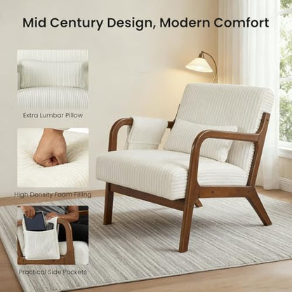 DUMOS Mid Century Modern Accent Chair, Upholstered Armchair with Lumbar Pillow and Solid Wood Frame, Comfy Reading Chair for Small Living Room, Bedroom, Guest Room, Navy Blue