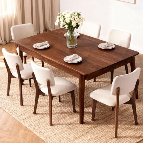 Wooden Dining Chairs Set of 2, Mid Century Modern Kitchen Chairs with Fabric Upholstered and Curved Backrest for Dining Room, Restaurant/Cafe, Walnut
