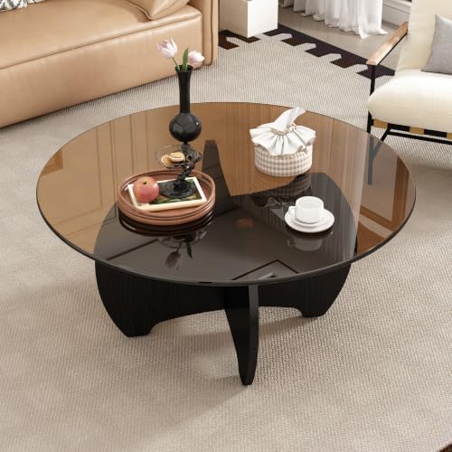 31.5'' Round Coffee Table with Tempered Glass Top, Modern Center Table for Small Spaces - Sturdy Black Board Frame, Simple Design for Living Room, Home, Office - Easy Assembly.