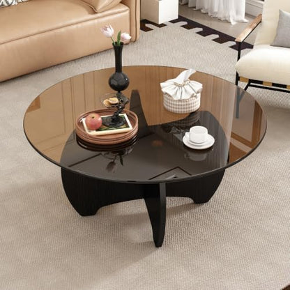 31.5'' Round Coffee Table with Tempered Glass Top, Modern Center Table for Small Spaces - Sturdy Black Board Frame, Simple Design for Living Room, Home, Office - Easy Assembly.
