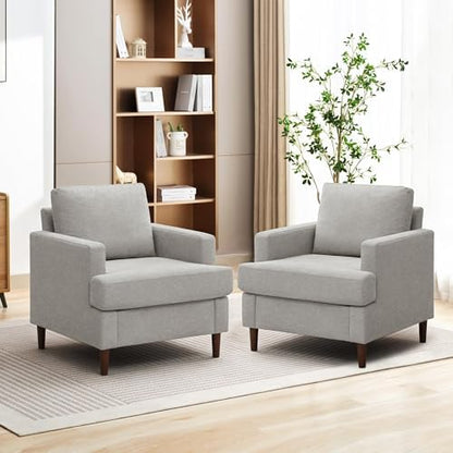 Weture Mid-Century Accent Chair,Modern Linen Fabric Armchair for Living Room,Comfy Upholstered Reading Accent Chairs for Bedroom,Single Sofa Chair with Wood Legs (Beige, 1 Pack) — Light Grey / 1 Pack (2)