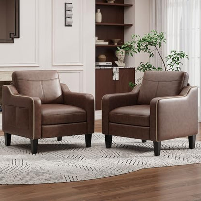 MALOL PU Leather Accent Chair, Mid-Century Modern Living Room Armchair Sofa with Removable Cushions, Solid Wood Frame & Stitched Armrest Design, Bedroom Chair with Plastic Legs, Chocolate Brown — Chocolate Brown / Set of 1 (10)