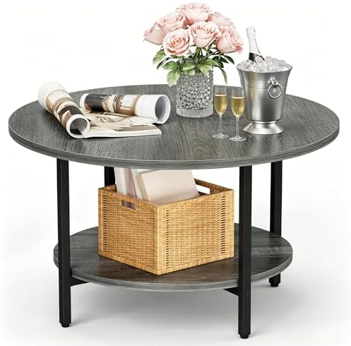 FAMIDGE Coffee Table, 23.6" Coffee Tables for Living Room, Round Coffee Table with Metal Frame, Floor Table for Sitting on The Floor, Home, Office, Black — Style1 Oak Gray(27.6dx17.7h) / 2 Tier (2)