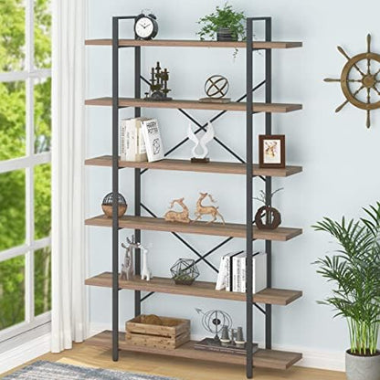 HSH White Bookshelf, 6 Tier Tall Bookcases for Bedroom Living Room Office | Industrial Modern Vertical Metal and Wood Bookcases, Farmhouse 6 Shelf Open Large Storage Book Shelves Display Book Shelf — 4-Tier / Rustic Oak (2)