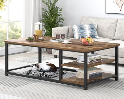 EXCEFUR Modern Coffee Table, Rustic Wood and Metal Living Room Table with Storage Shelf, Industrial Brown, 47 Inch