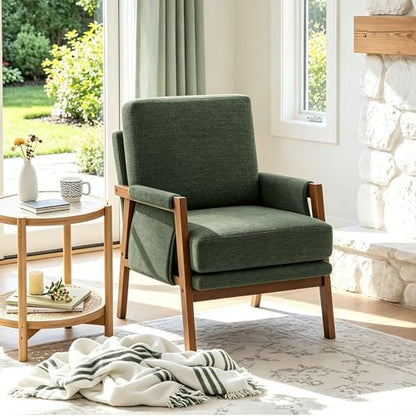 RNKSFX Cream Accent Chair for Bedroom & Living Room, Mid Century Modern Accent Arm Chair, Upholstered Anthropologie Accent Chair with Solid Wood Frame, Fabric
