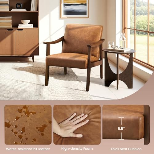 Yaheetech Faux Leather Accent Chair, Mid-Century Modern Armchair with Solid Wood Legs, Reading Leisure Chair with High Back for Living Room Bedroom Waiting Room, Set of 2, Brown