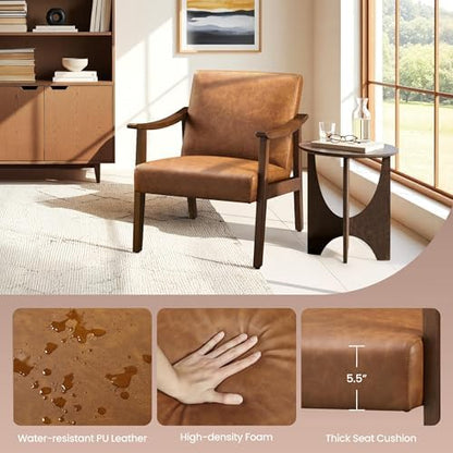 Yaheetech Faux Leather Accent Chair, Mid-Century Modern Armchair with Solid Wood Legs, Reading Leisure Chair with High Back for Living Room Bedroom Waiting Room, Set of 2, Brown