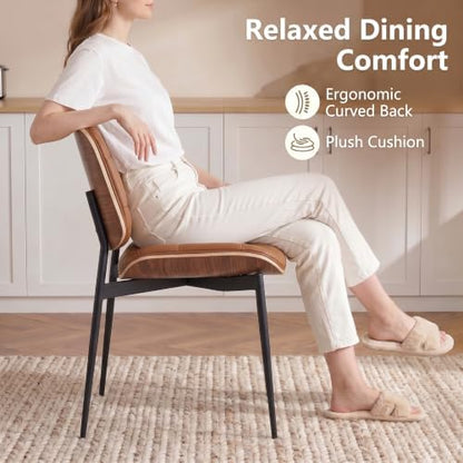 GrandNoor Mid Century Modern Dining Chairs with Walnut Grain Back, Brown Faux Leather Dining Room Chairs Set of 2, Checkered Soft Cushion Kitchen Chairs with Adjustable Foot Pads