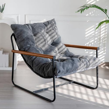MAXYOYO Modern Accent Chair, Comfy Living Room Chair with Metal Frame Wooden Armrest, Upholstered Armchair with Soft Cushion for Bedroom Balcony Lounge Reading Room, Beige