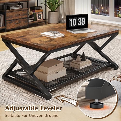 EnHomee Coffee Table with Storage & Shelf for Living Room, Rustic Brown | Families, Wood & Metal, Holds Magazines & Drinks, Industrial Design