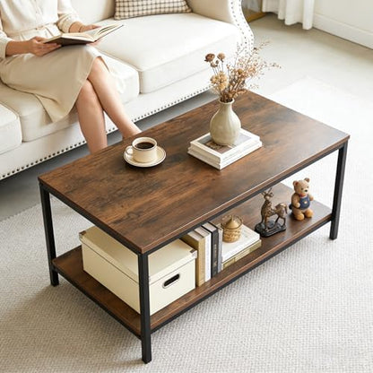 SUPER DEAL 2-Tier Industrial Coffee Table with Storage Shelf for Small Apartment Living Room, Rectangle Wood and Stable Metal TV Stand Side End Table, Rustic Brown