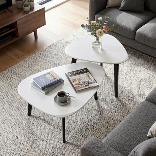 Nesting Coffee Table Set of 2-Mid Century Modern Coffee Table | Guitar Pick Stacking Tables with Solid Wood Legs,Small Coffee Tables for Small spaces,Living Room,Balcony — White (2)