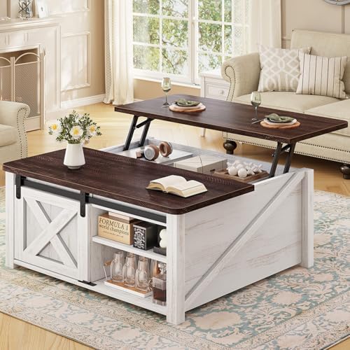 SEDETA 31.5" Lift Top Coffee Table with Storage, Square Coffee Tables for Living Room, Farmhouse Coffee Table with Large Hidden Storage Compartment and Adjustable Shelves, Black — Vintage White (2)