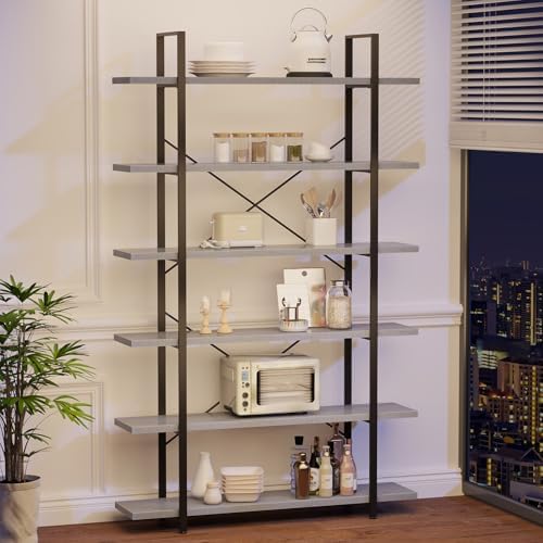 HSH White Bookshelf, 6 Tier Tall Bookcases for Bedroom Living Room Office | Industrial Modern Vertical Metal and Wood Bookcases, Farmhouse 6 Shelf Open Large Storage Book Shelves Display Book Shelf — 3-Tier / Light Grey Oak (2)