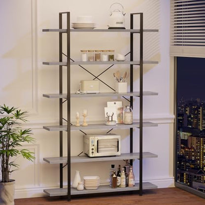 HSH White Bookshelf, 6 Tier Tall Bookcases for Bedroom Living Room Office | Industrial Modern Vertical Metal and Wood Bookcases, Farmhouse 6 Shelf Open Large Storage Book Shelves Display Book Shelf — 3-Tier / Light Grey Oak (2)