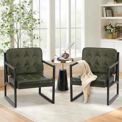 COLAMY Mid Century Modern Accent Chair Set of 2, Comfy Living Room Chair, Black Leather Accent Chair, Faux Leather Reception Armchair with Metal Legs for Living Room Bedroom Reception Office, Black — Green / Set of 1 (2)