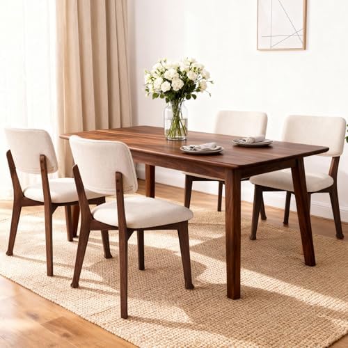 Wooden Dining Chairs Set of 2, Mid Century Modern Kitchen Chairs with Fabric Upholstered and Curved Backrest for Dining Room, Restaurant/Cafe, Walnut