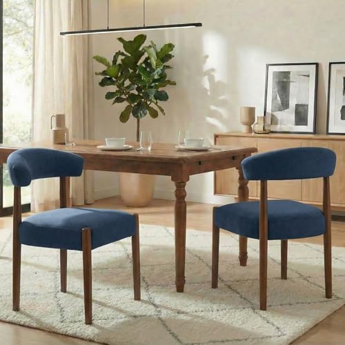 VKNOW Wooden Dining Chairs Set of 4, Modern Upholstered Dining Room Chairs with Walnut Wood Legs and Curved Backrest, Fabric Kitchen Chairs for Farmhouse/Living Room/Dining Room, Green