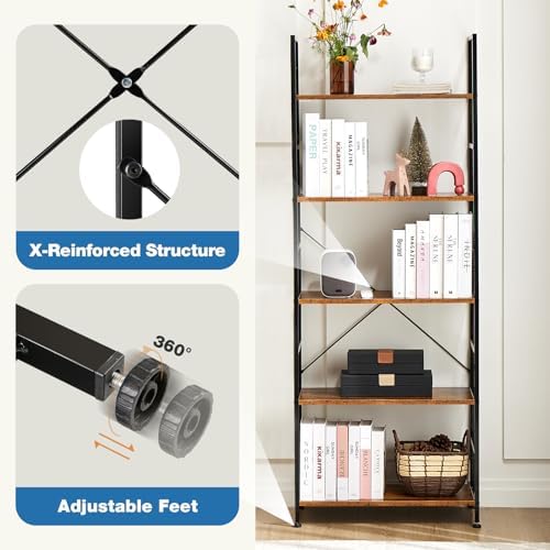 DUMOS 5 Tiers Bookshelf, Classical Modern Book Shelf, Tall Display Shelves in Living Room/Home/Office, Storage Organizer for CDs/Books/Movies, Rustic Brown | Tall Display Shelves in Living Room/Home/Office, Storage Organizer for CDs/Books/Movies, Rustic B
