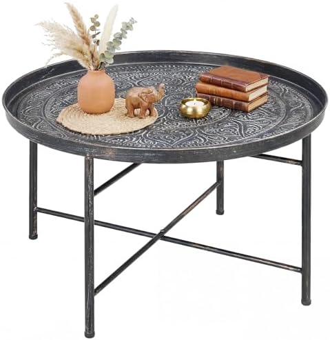 HOMCOM 24" Round Coffee Table with Hammered Tray Top, Vintage Metal Center Table for Living Room, Bedroom, Side Table, Gold — Pewter (2)