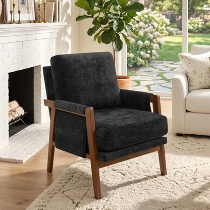 RNKSFX Cream Accent Chair for Bedroom & Living Room, Mid Century Modern Accent Arm Chair, Upholstered Anthropologie Accent Chair with Solid Wood Frame, Fabric